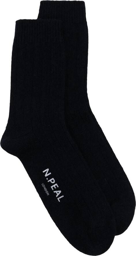 N.Peal Kasjmier sokken met logoprint Blauw