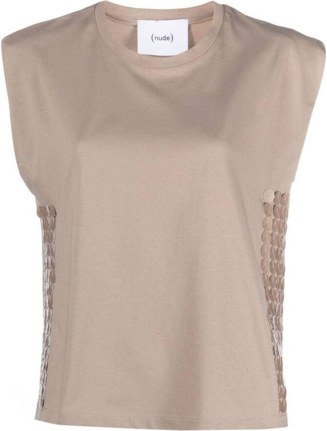 Nude T-shirt verfraaid met pailletten Beige