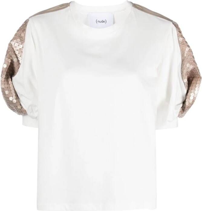 Nude T-shirt verfraaid met pailletten Wit