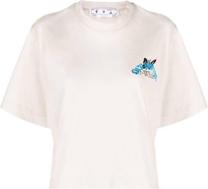 Off White Cropped Butterfly T-Shirt met Logo Print Beige Dames