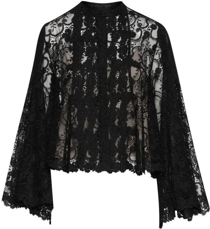 Oscar de la Renta Blouse met bloemenkant Zwart