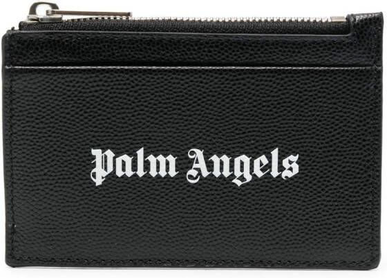 Palm Angels Zwarte Leren Portemonnee met Logo Print en Ritssluiting Black Heren