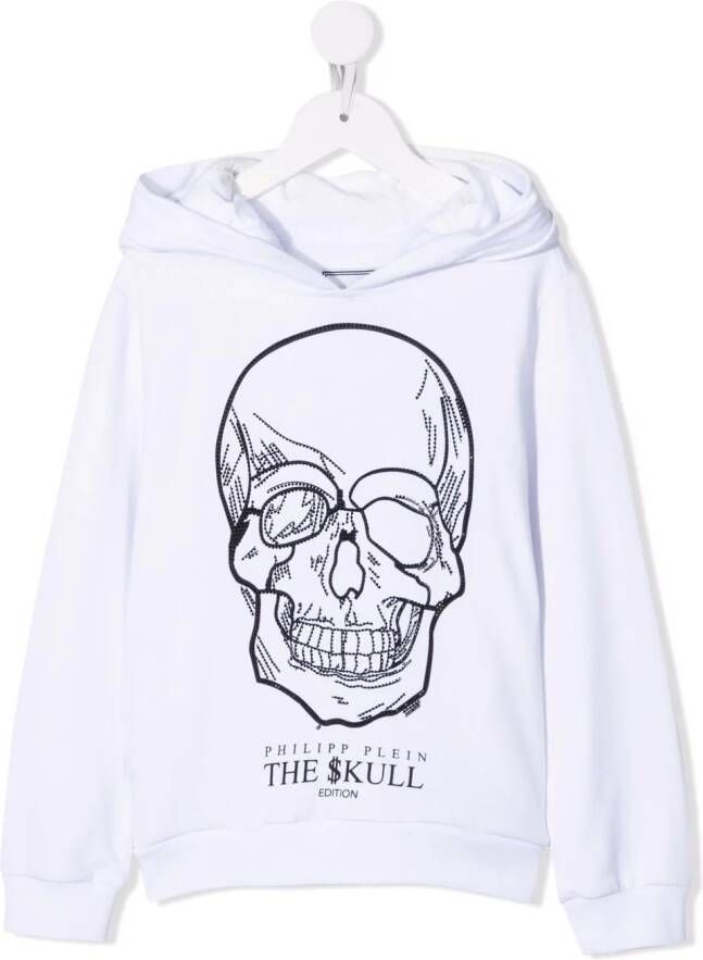 Philipp Plein Junior Hoodie verfraaid met doodskop Wit