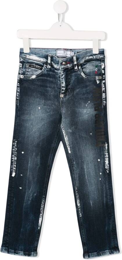 Philipp Plein Junior Jeans met verfspetters Blauw
