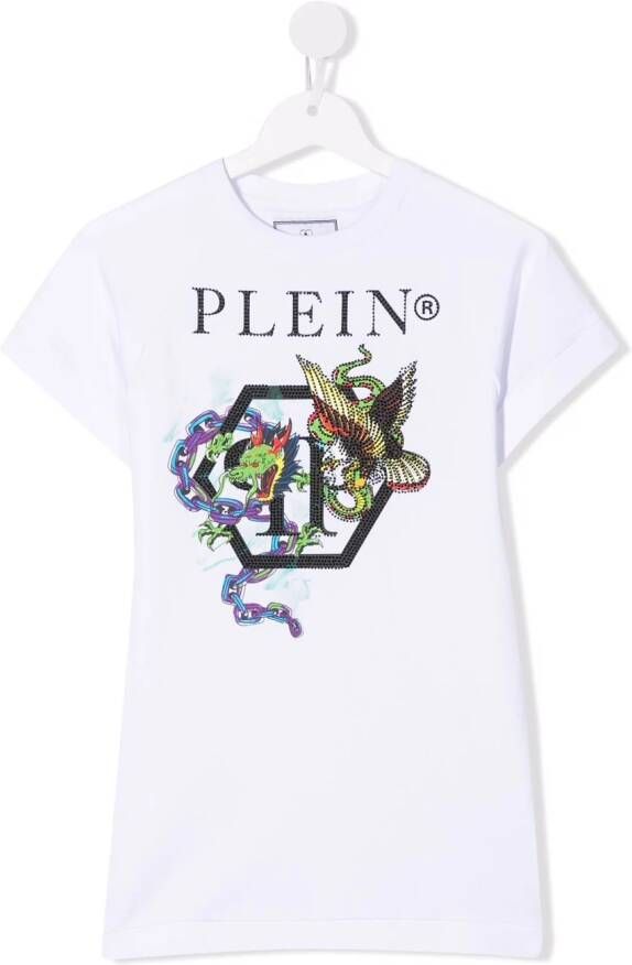 Philipp Plein Junior T-shirtjurk met draakprint Wit