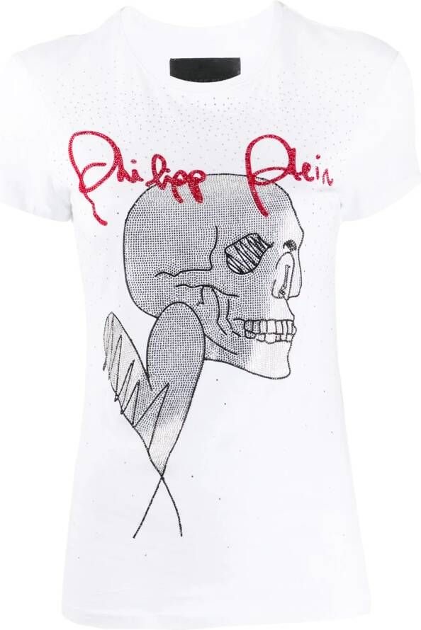 Philipp Plein T-shirt met doodskop van stras Wit