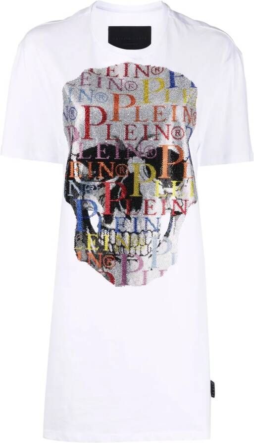 Philipp Plein T-shirtjurk met doodskop van stras Wit
