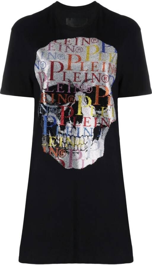 Philipp Plein T-shirtjurk met doodskop van stras Zwart