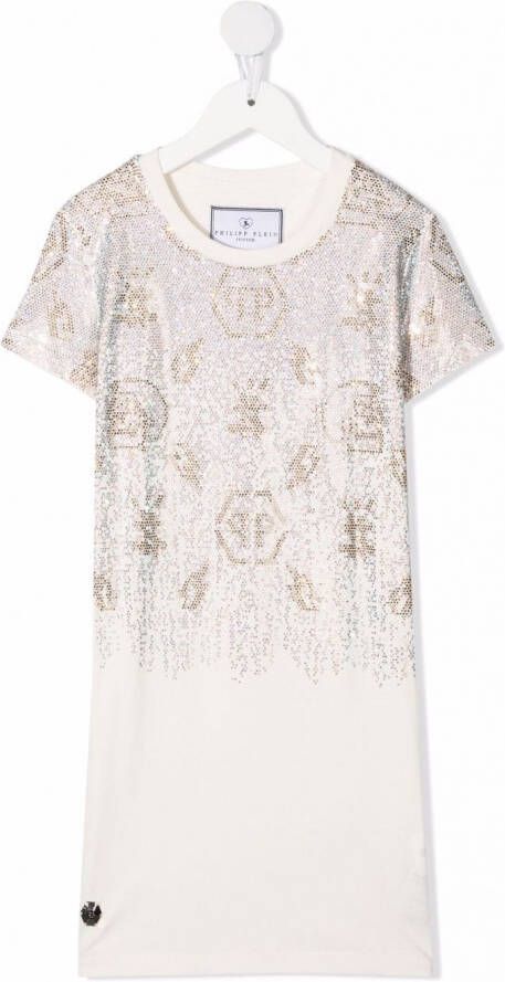 Philipp Plein Junior T-shirtjurk verfraaid met stras Wit