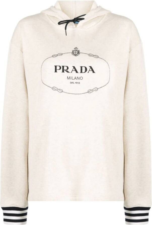 Prada logo-embroidered cotton hoodie Beige