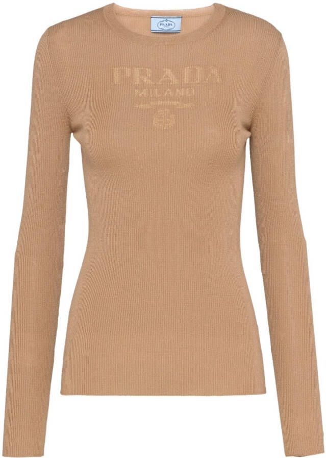 Prada Trui met intarsia logo Bruin