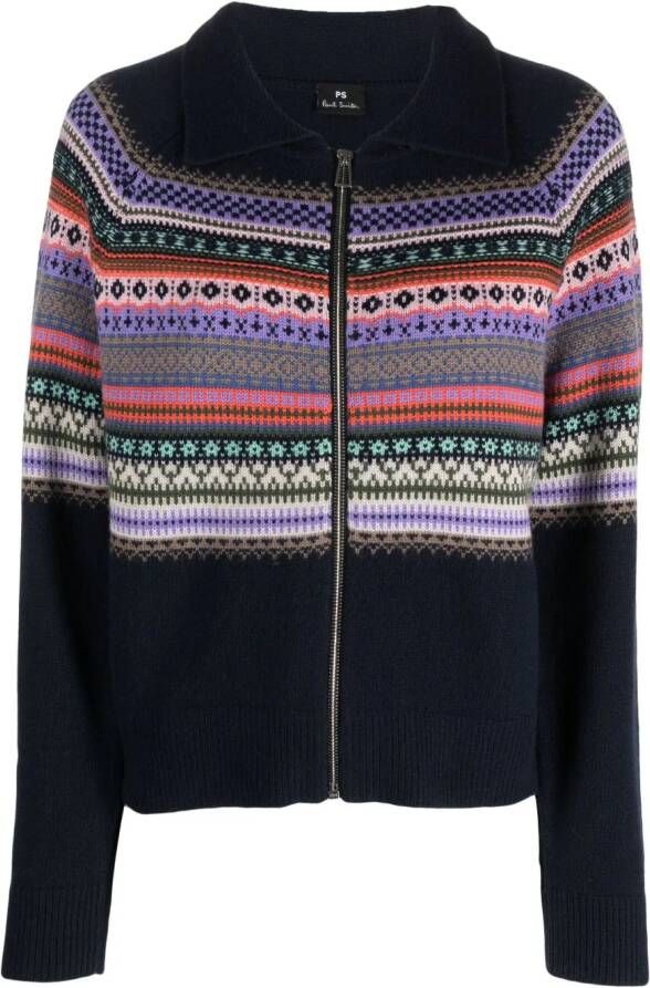 PS Paul Smith intarsia-knit wool-blend cardigan Blauw