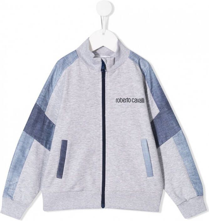 Roberto Cavalli Junior denim trainingsjack met patchwork Grijs