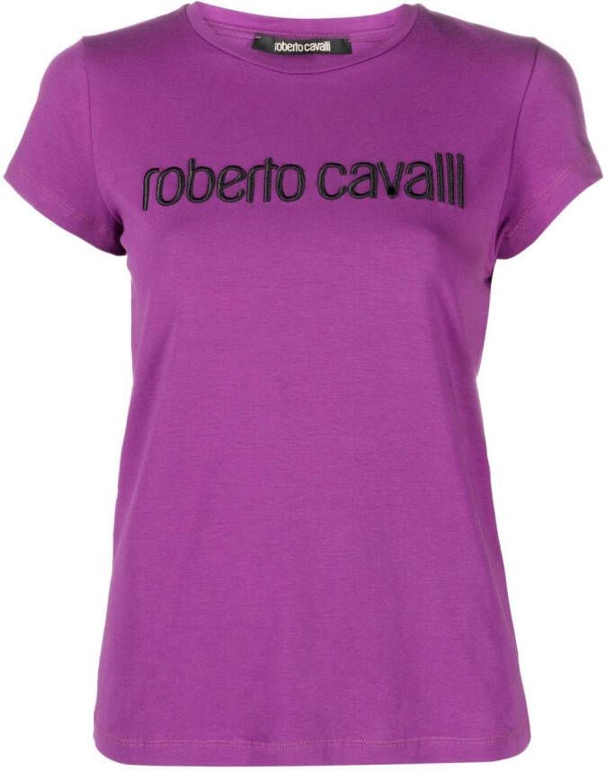 Roberto Cavalli T-shirt met geborduurd logo Paars