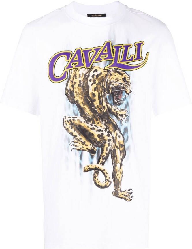 Roberto Cavalli T-shirt met panterprint Wit