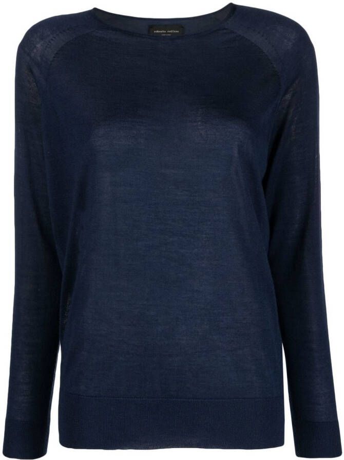 Roberto Collina Trui met geribbelde afwerking Blauw