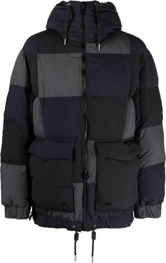 Sacai panelled hooded puffer jacket Blauw