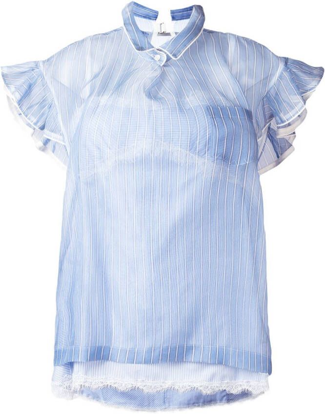 Sacai striped frill-trim blouse Blauw