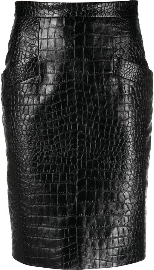 Saint Laurent Kokerrok met krokodillenleer-reliëf Zwart
