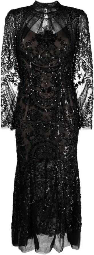 Self-Portrait Midi-jurk verfraaid met pailletten Zwart
