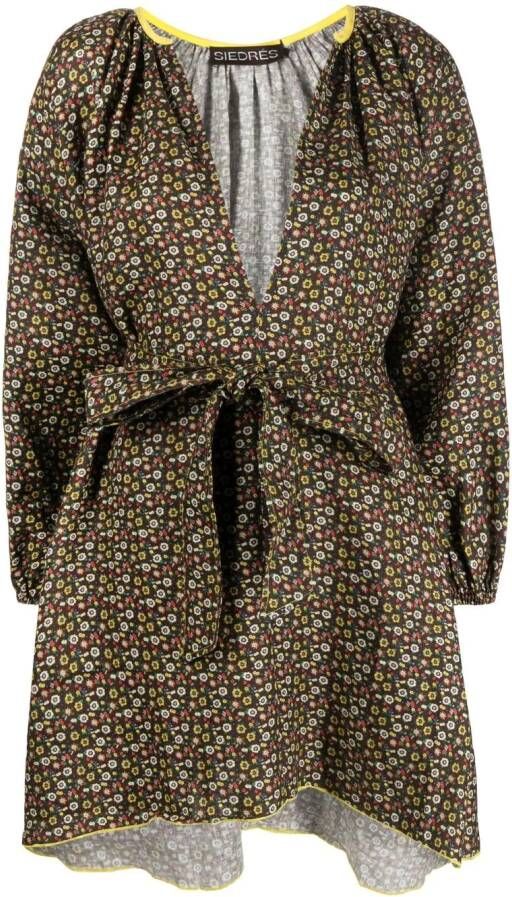 SIEDRES Jurk met bloemenprint en ceintuur Bruin