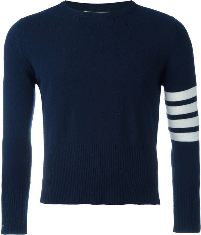 Thom Browne Short Crewneck Pullover With 4-Bar Stripe In Navy Blue Cashmere Blauw