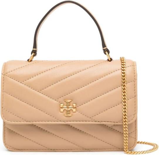 Tory Burch Mini Kira schoudertas met chevron streep en kettinghengsel Beige