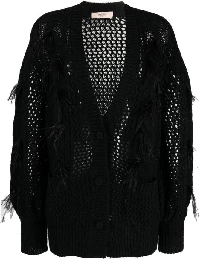 TWINSET feather-detail open-knit cardigan Zwart