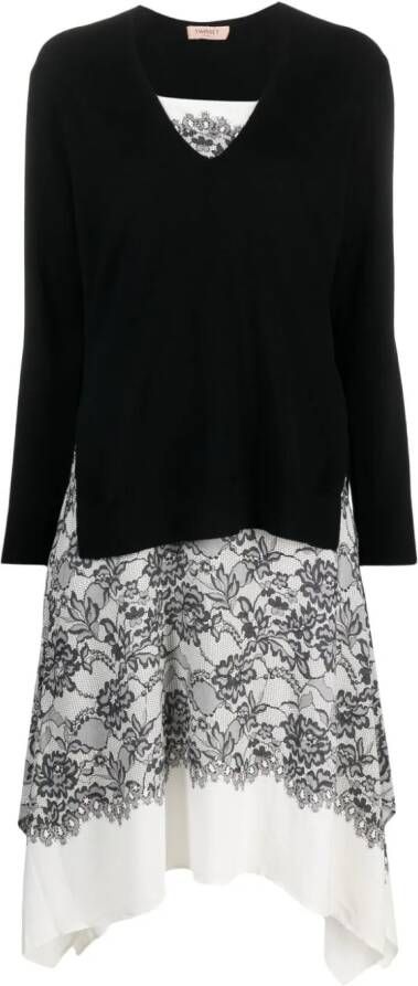 TWINSET Midi-jurk met bloemenkant Zwart
