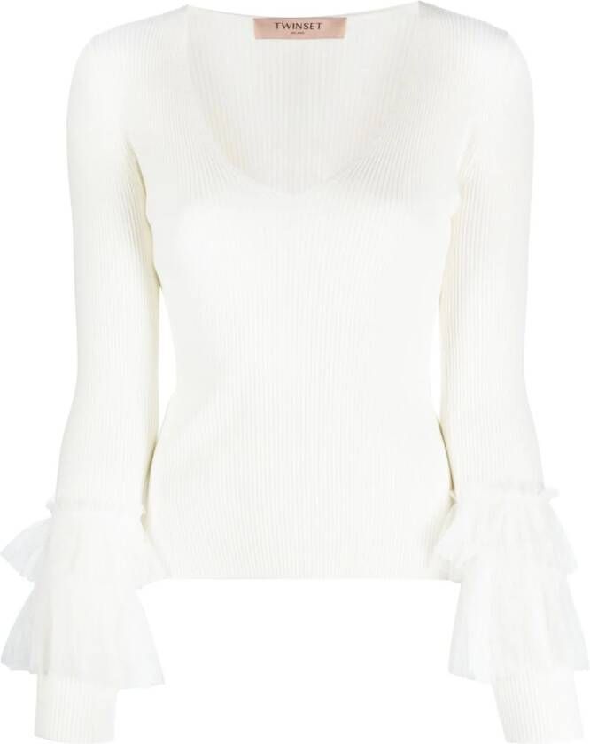 TWINSET tulle-inserts ribbed-knit top Beige