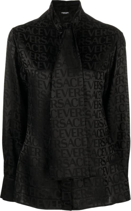 Versace Allover blouse met sjaalstrik Zwart