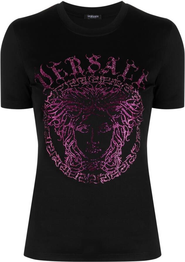 Versace T-shirt met kristallen logo Zwart