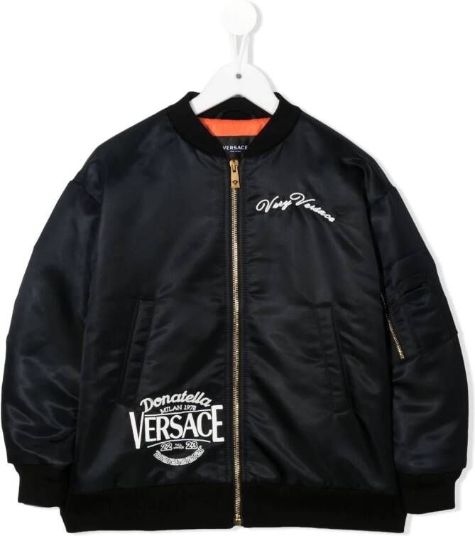 Versace Kids Bomberjack met geborduurd logo Zwart