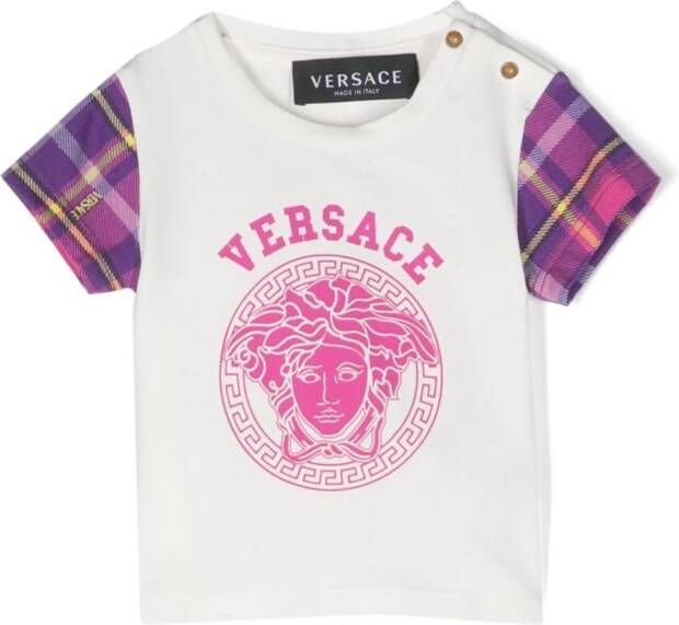 Versace Kids Medusa katoenen T-shirt met tartan ruit Wit