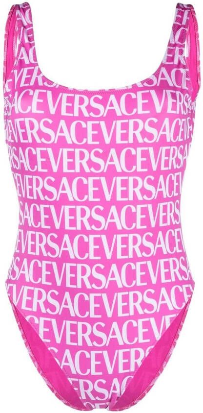 Versace logo-print scoop back swimsuit Roze