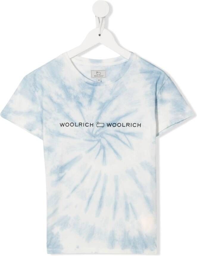 Woolrich Kids T-shirt met tie-dye logoprint Blauw