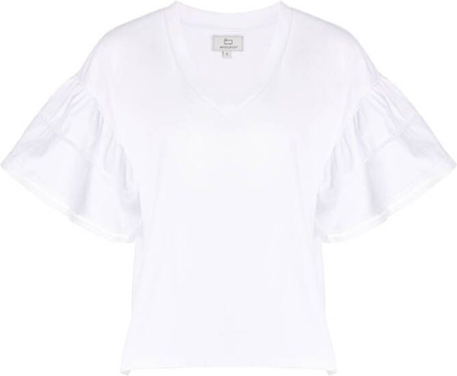 Woolrich ruffled-sleeve V-neck T-shirt Wit