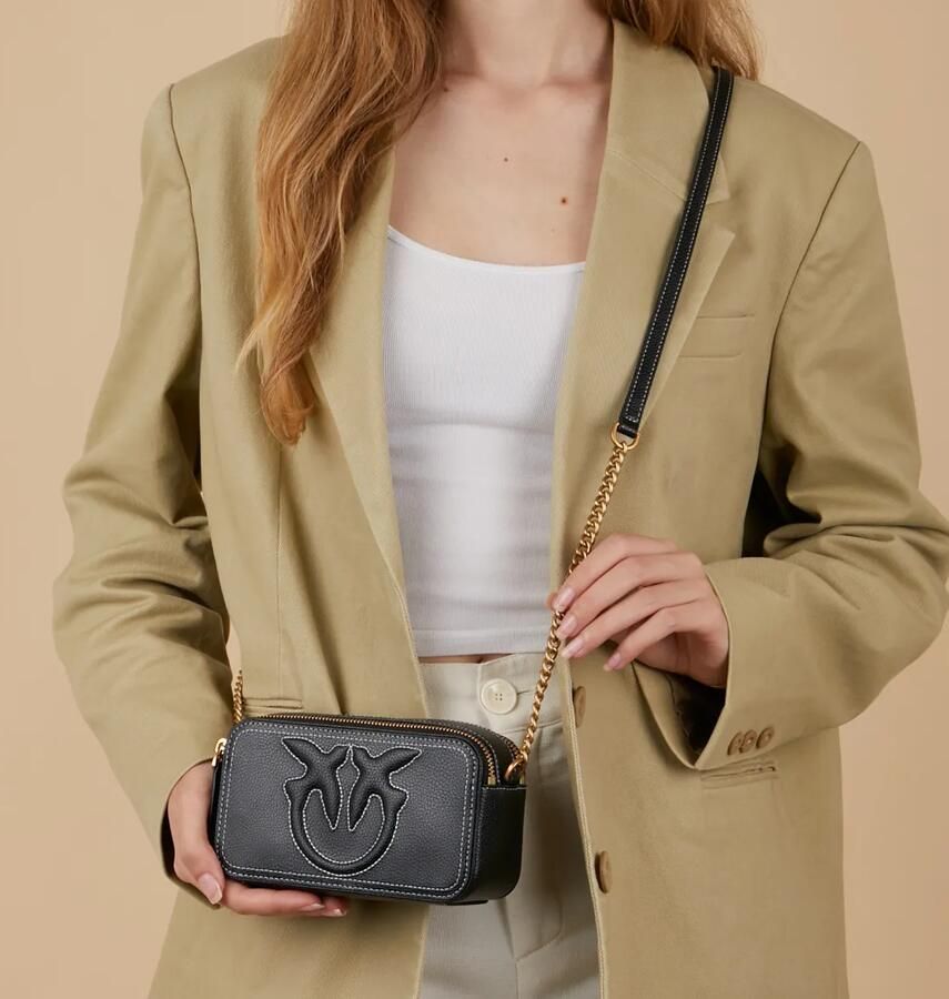 Pinko Zwarte Leren Schoudertas met Geborduurd Logo Black Dames - Foto 4