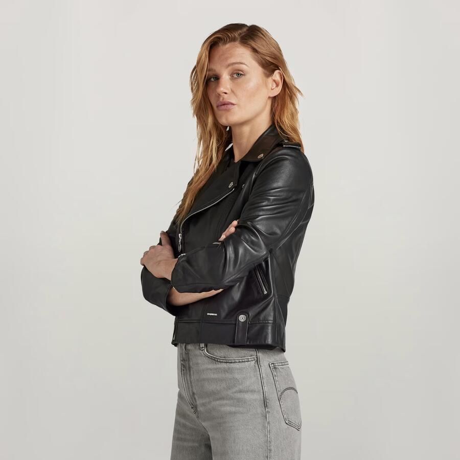 G-Star RAW Leather Biker Jack Zwart Dames