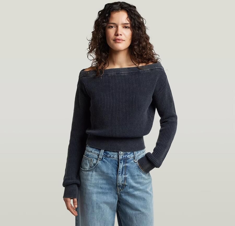 G-Star RAW Offshoulder Washed Gebreide Trui Donkerblauw Dames