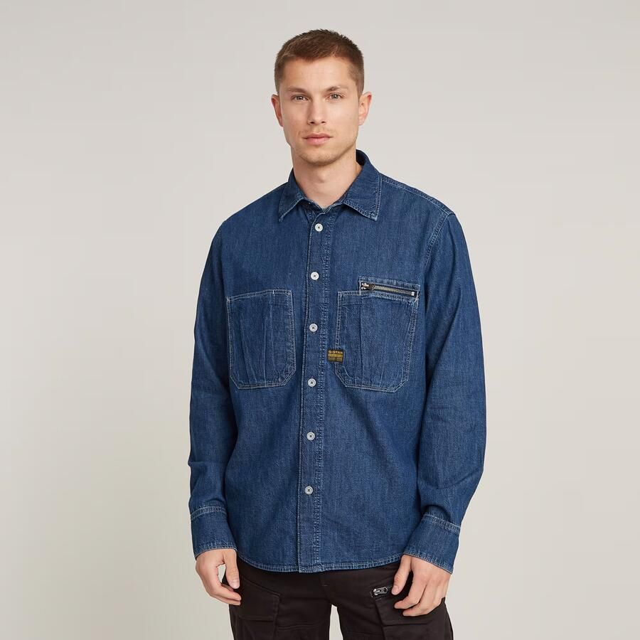 G-Star RAW Pleated Zip Regular Shirt Donkerblauw Heren