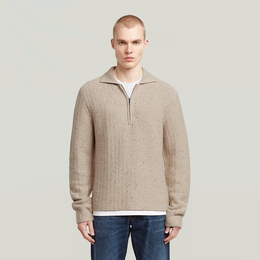 G-Star RAW Polo Collar Half Zip Gebreide Trui Beige Heren