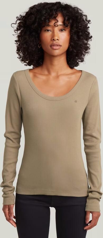 G-Star RAW Slim Rib Open Neck Longsleeve T-Shirt Beige Dames