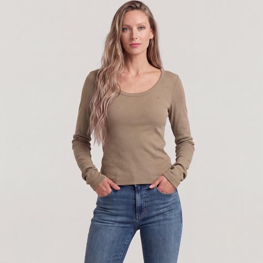 G-Star RAW Slim Rib Open Neck Longsleeve T-Shirt Beige Dames - Foto 3