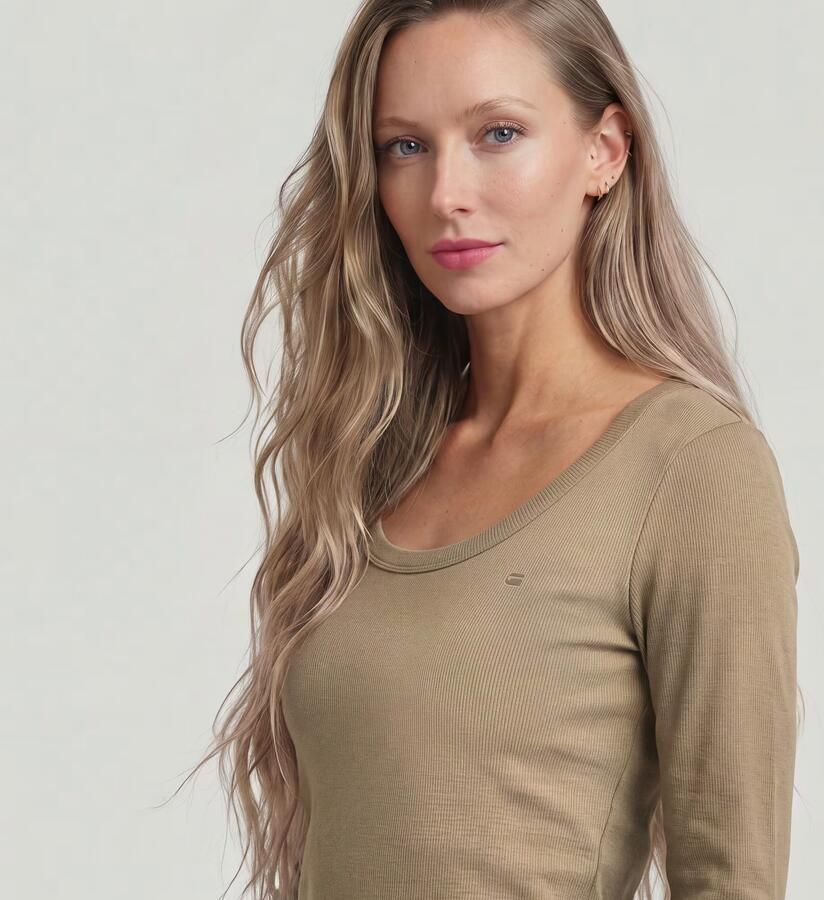 G-Star RAW Slim Rib Open Neck Longsleeve T-Shirt Beige Dames - Foto 4