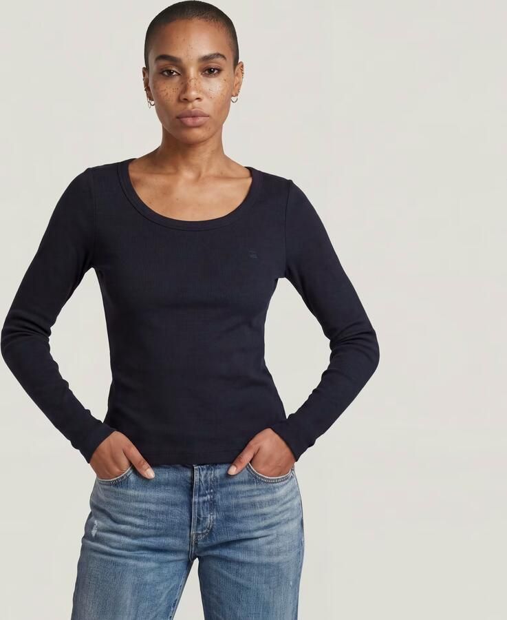 G-Star RAW Slim Rib Open Neck Longsleeve T-Shirt Donkerblauw Dames - Foto 4