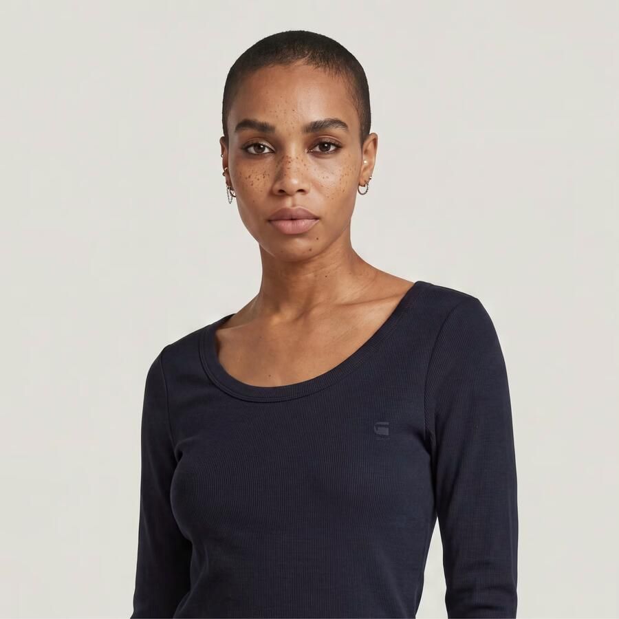 G-Star RAW Slim Rib Open Neck Longsleeve T-Shirt Donkerblauw Dames - Foto 3