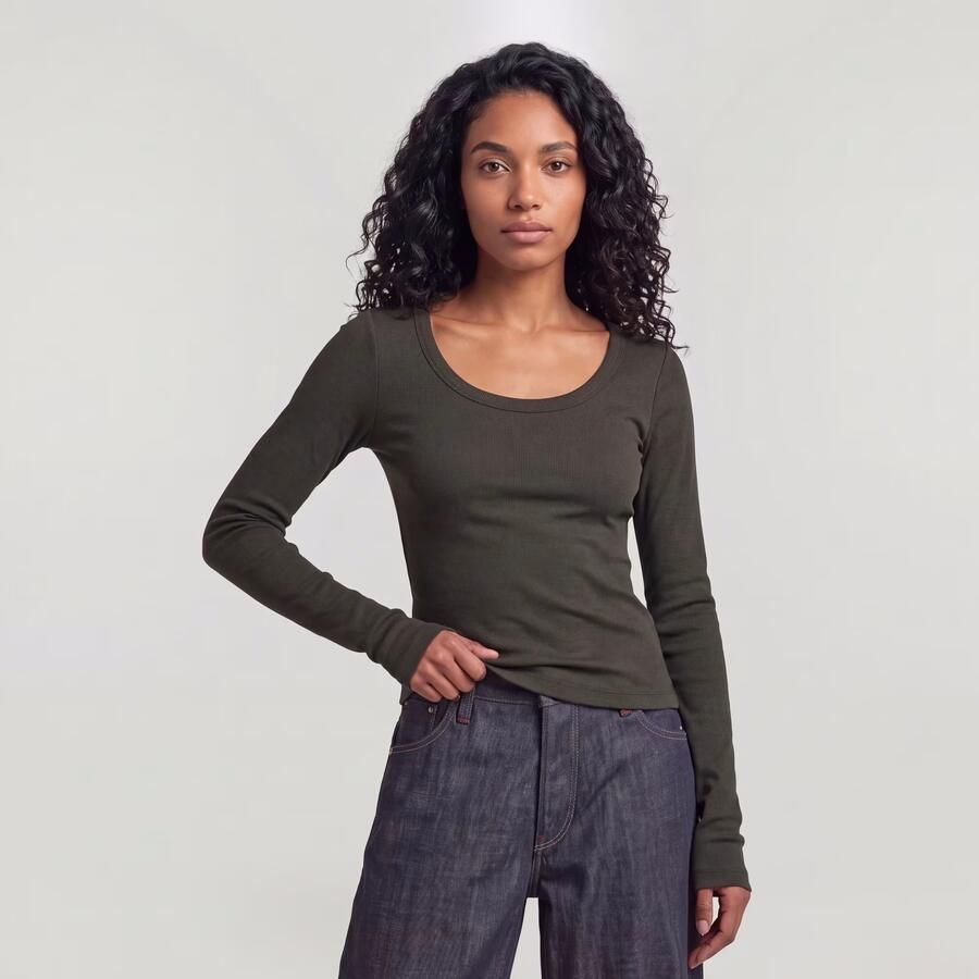 G-Star RAW Slim Rib Open Neck Longsleeve T-Shirt Grijs Dames - Foto 3