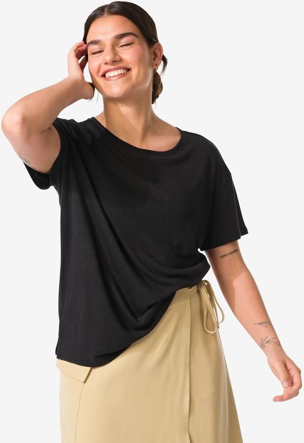 HEMA Dames T-shirt Evie Met Linnen Zwart (zwart) - Foto 2