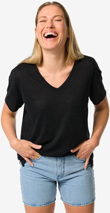 HEMA Dames T-shirt Evie Met Linnen Zwart (zwart) - Foto 2